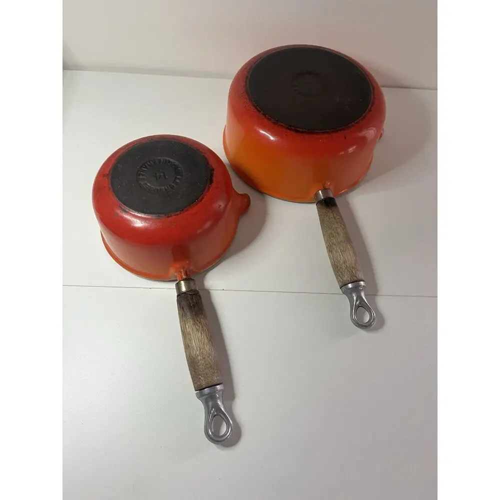 Lot of 4 Vintage LE CREUSET Pots Pans Flame Orange Wood Handle With 2 Lids USED